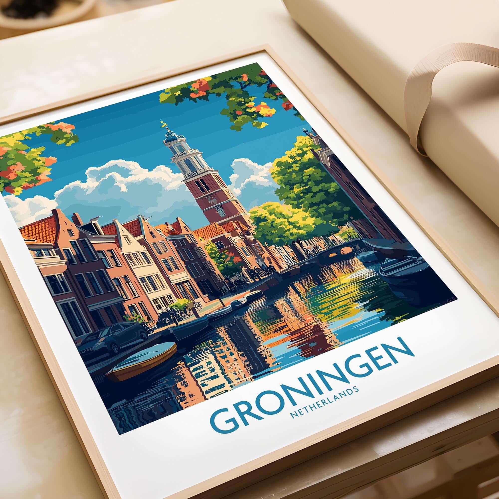 Groningen Poster Netherlands showcasing a vibrant canal scene with historic buildings in the Netherlands.