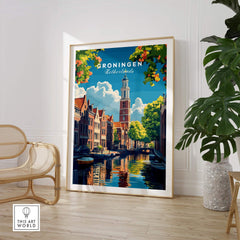 Groningen Print Netherlands showcasing Dutch architecture and canals in vibrant colors, perfect for home decor.
