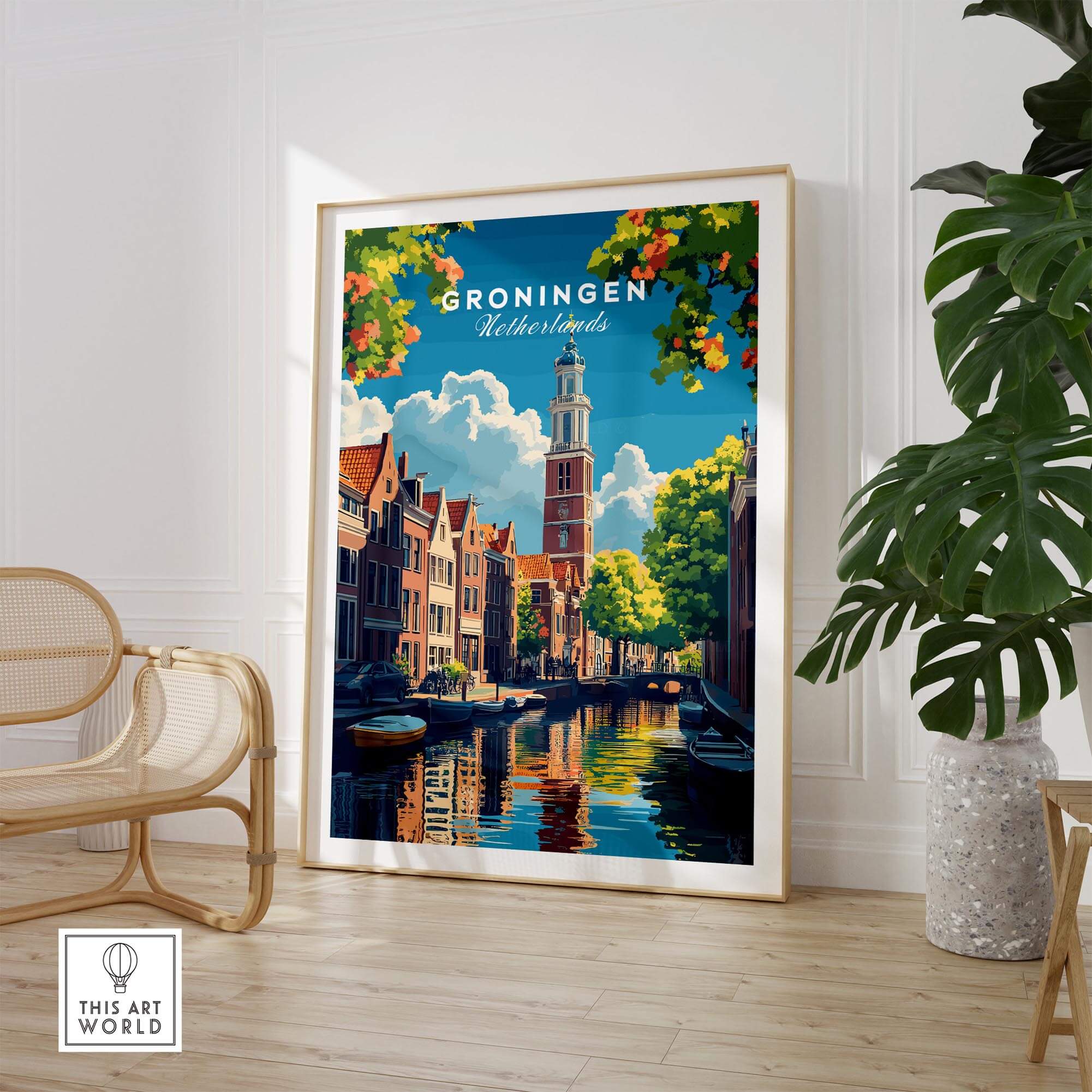 Groningen Print Netherlands showcasing Dutch architecture and canals in vibrant colors, perfect for home decor.