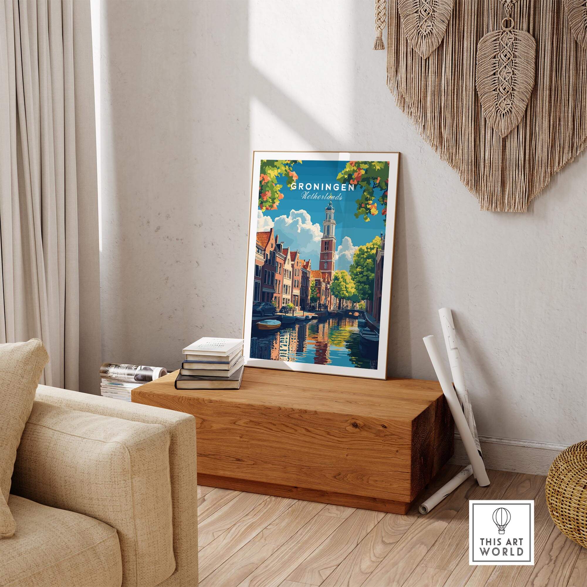Groningen Print Netherlands displayed in a cozy home setting, showcasing Dutch architecture and picturesque canals.