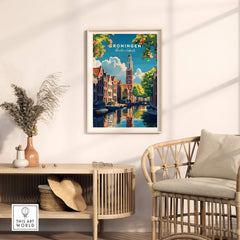 Groningen Print Netherlands displayed in a stylish living room, showcasing traditional Dutch architecture and picturesque scenery.