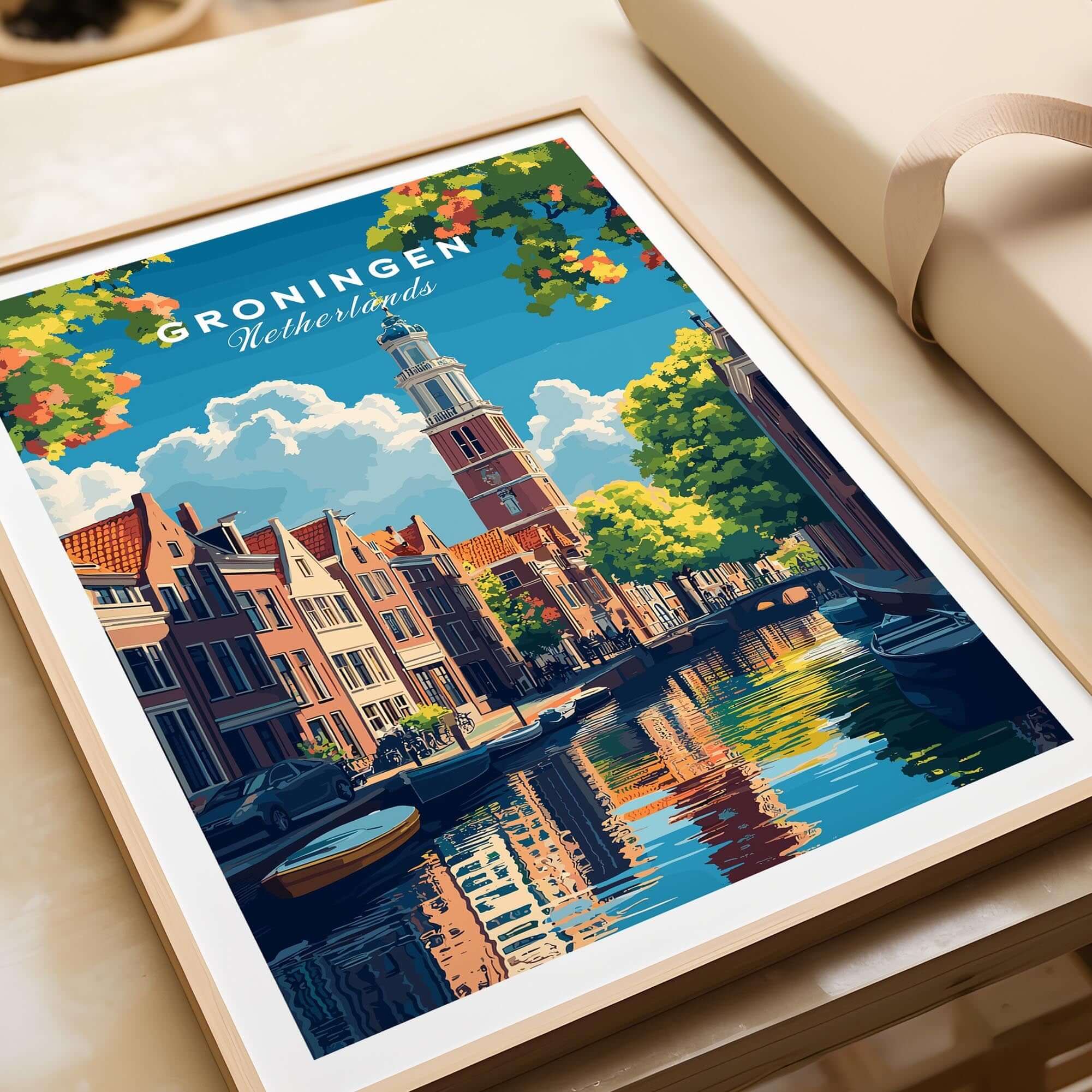 Groningen Print Netherlands featuring traditional Dutch architecture reflecting on water in vibrant colors.