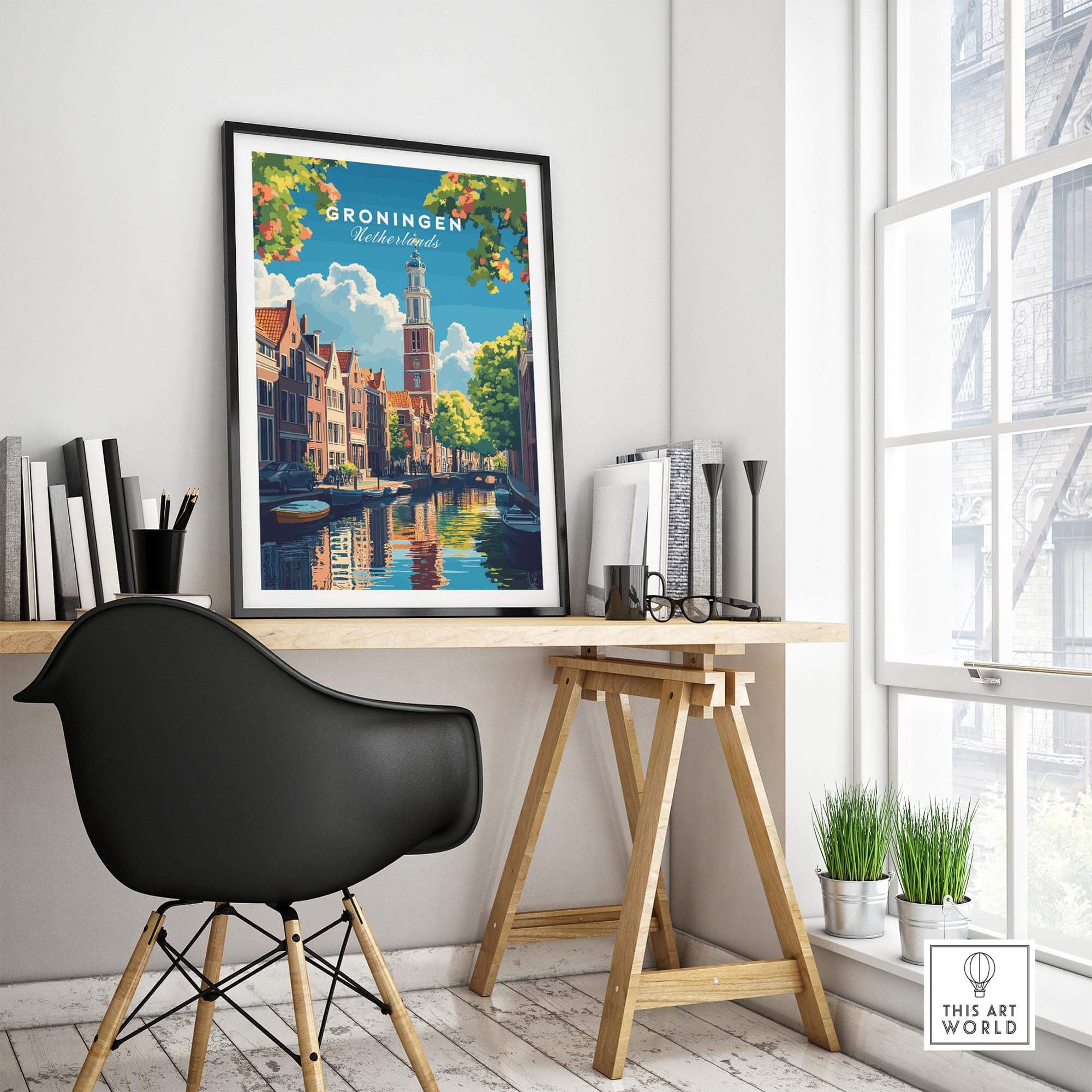 Groningen Print Netherlands displayed in a stylish home office with traditional Dutch architecture theme.
