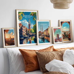 Groningen Print Netherlands displayed among European travel posters in a stylish home decor setting.