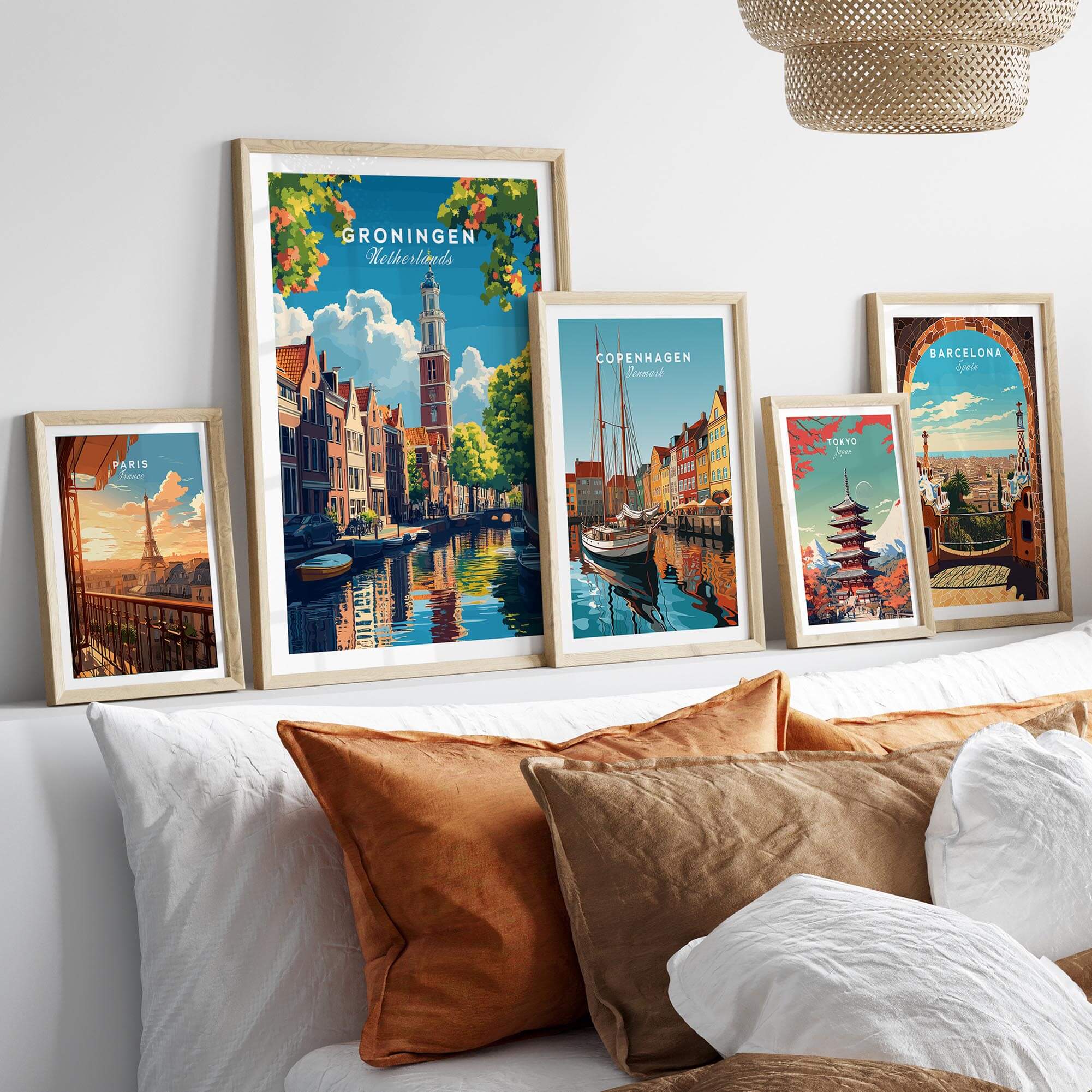 Groningen Print Netherlands displayed among European travel posters in a stylish home decor setting.