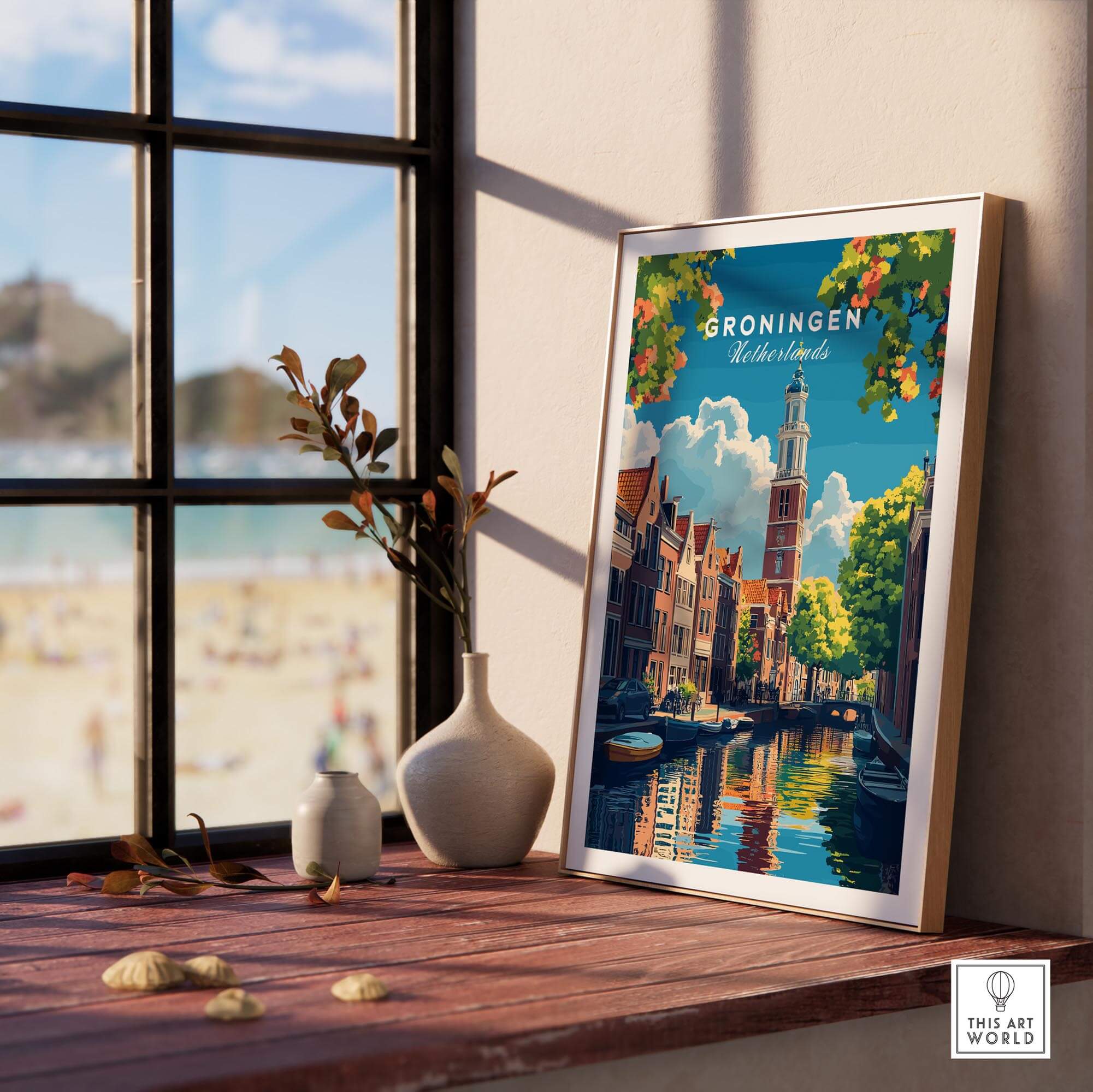 Groningen Print Netherlands showcasing traditional Dutch architecture by a window.