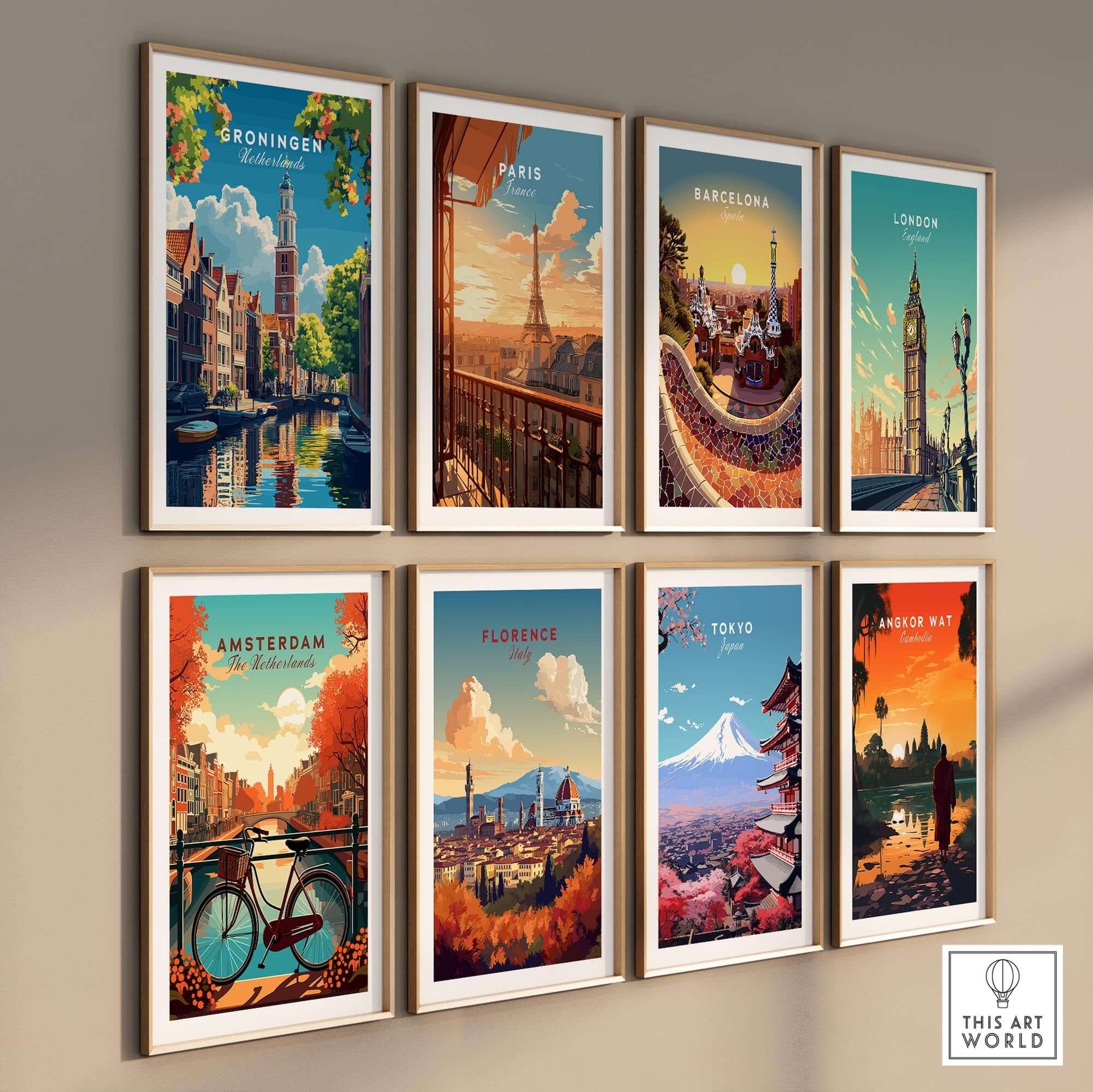 Groningen Print Netherlands and other travel posters showcasing famous cities in a stylish gallery wall.