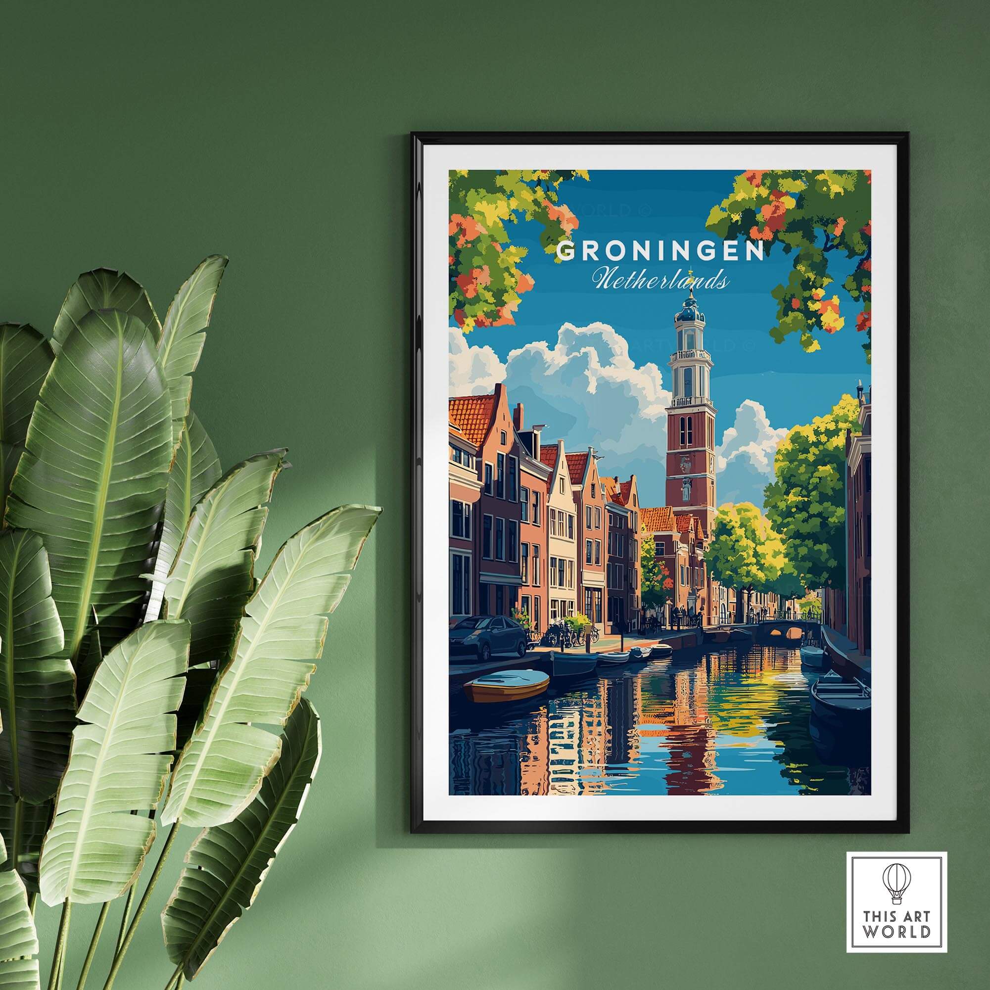Groningen Print Netherlands showcasing traditional Dutch architecture and scenic canals in a stylish home decor setting.