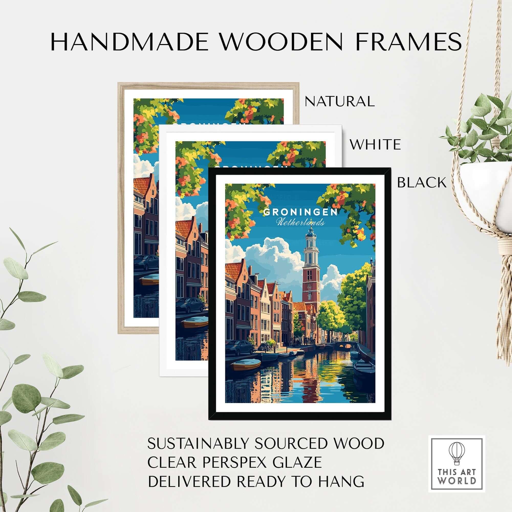 Groningen Print Netherlands in handmade wooden frames showcasing natural, white, and black options for home decor.