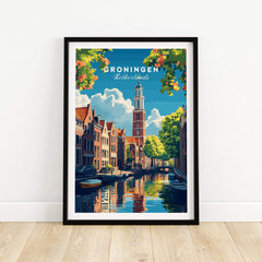 Groningen Print Netherlands displaying traditional Dutch architecture and serene canals in a colorful depiction.