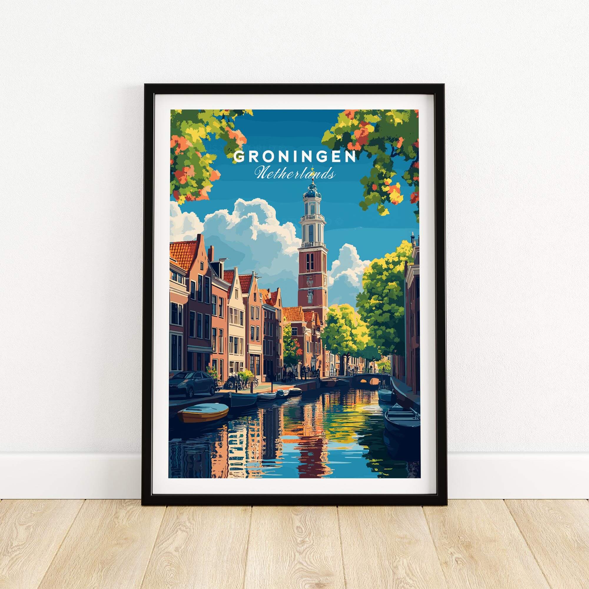 Groningen Print Netherlands displaying traditional Dutch architecture and serene canals in a colorful depiction.