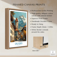 Gruyères Switzerland Poster | Scenic Alpine Village Canvas Print elegantly framed, showcasing stunning Swiss architecture.