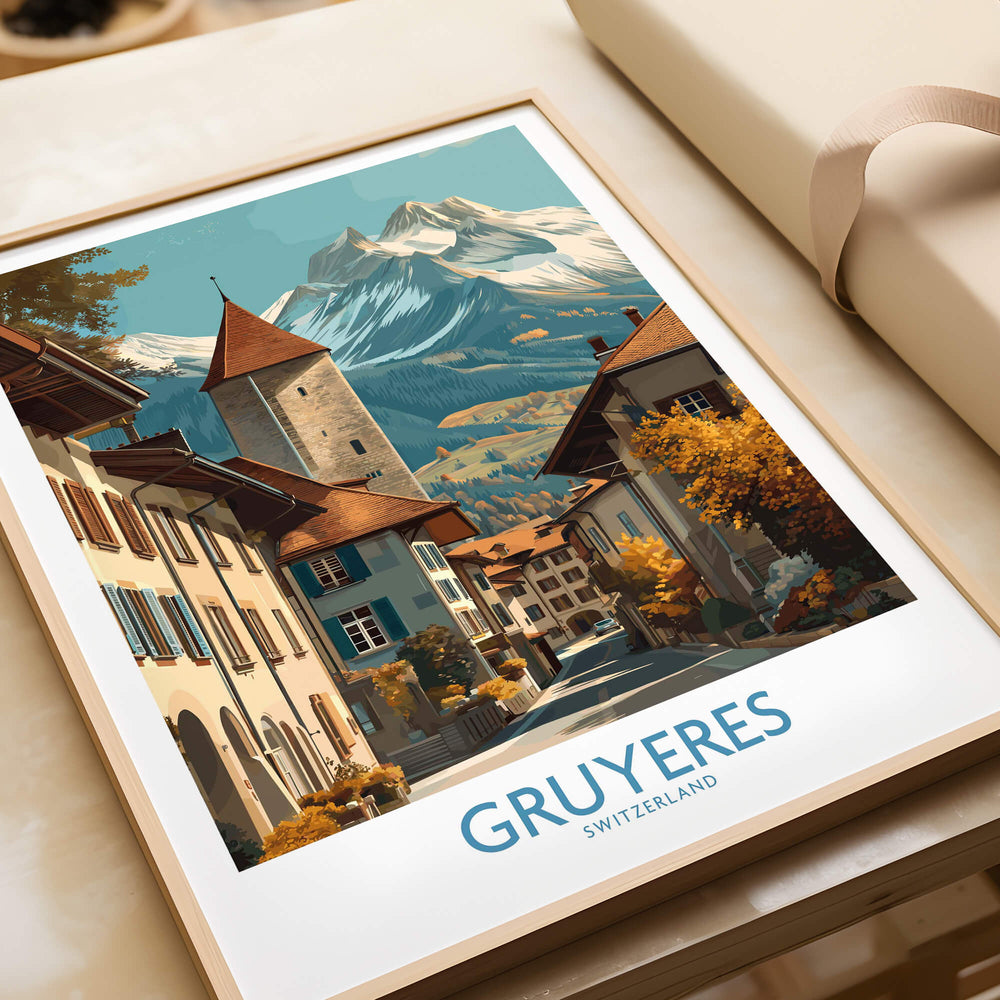Gruyères Switzerland Poster | Scenic Alpine Village Canvas Print featuring picturesque street and mountains.