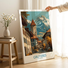 Gruyères Switzerland Poster | Scenic Alpine Village Canvas Print showcasing a charming Swiss village with mountains.