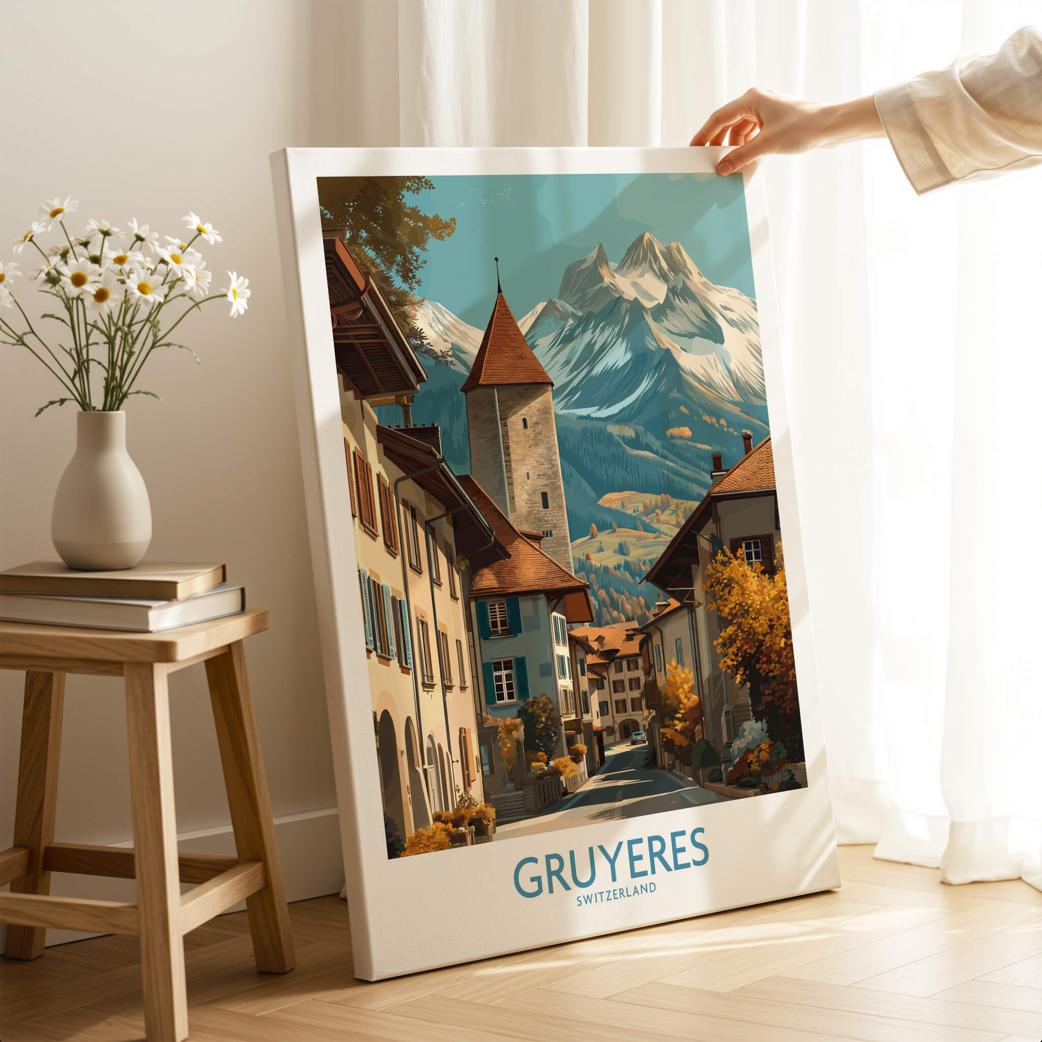 Gruyères Switzerland Poster | Scenic Alpine Village Canvas Print showcasing a charming Swiss village with mountains.