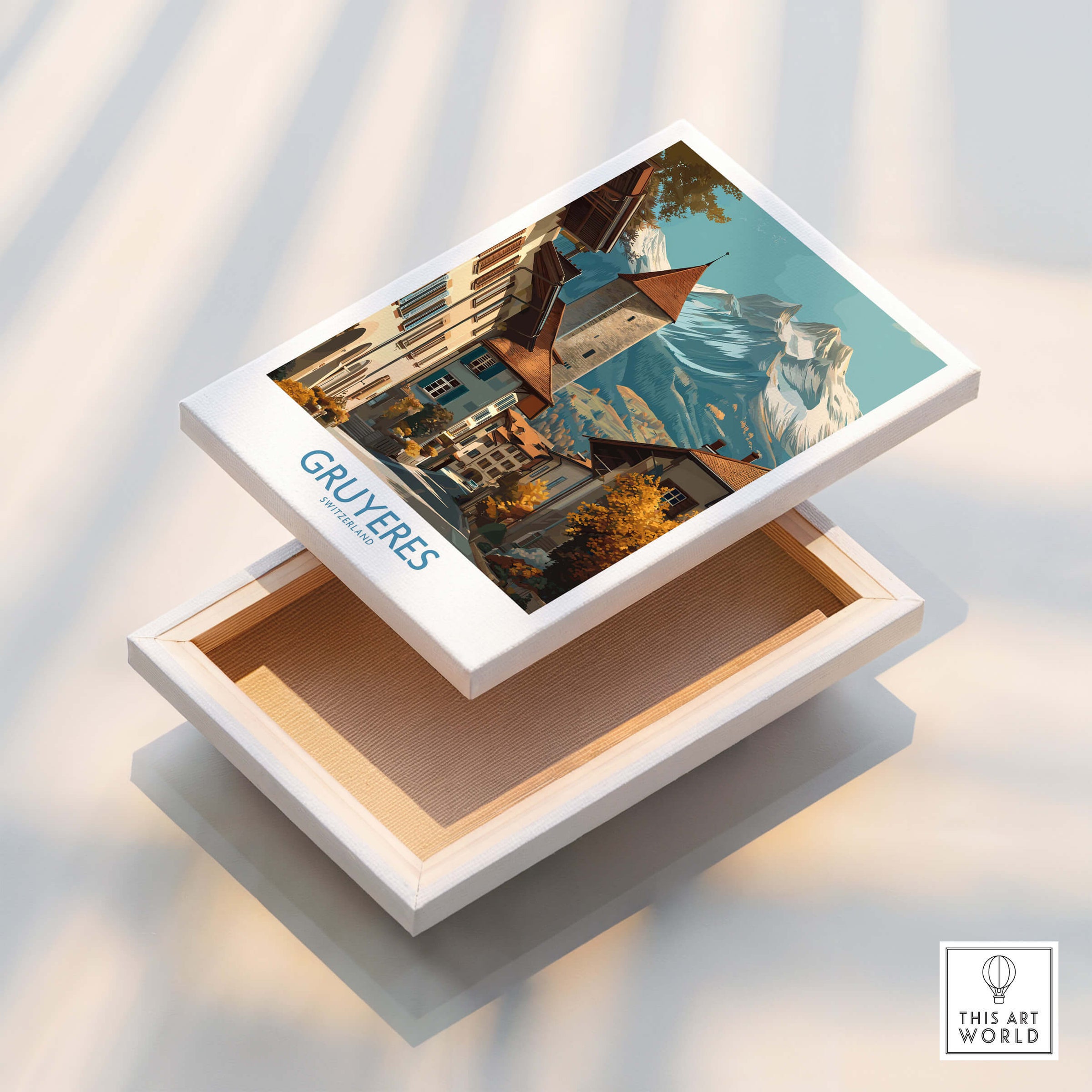 Gruyères Switzerland Poster | Scenic Alpine Village Canvas Print featuring a beautiful mountain backdrop and Swiss architecture.