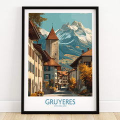Gruyères Switzerland Poster | Scenic Alpine Village Canvas Print showcasing a picturesque street with mountains in the background.