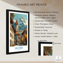 Gruyères Switzerland Poster | Scenic Alpine Village Canvas Print, framed art print showcasing a quaint village and mountains.