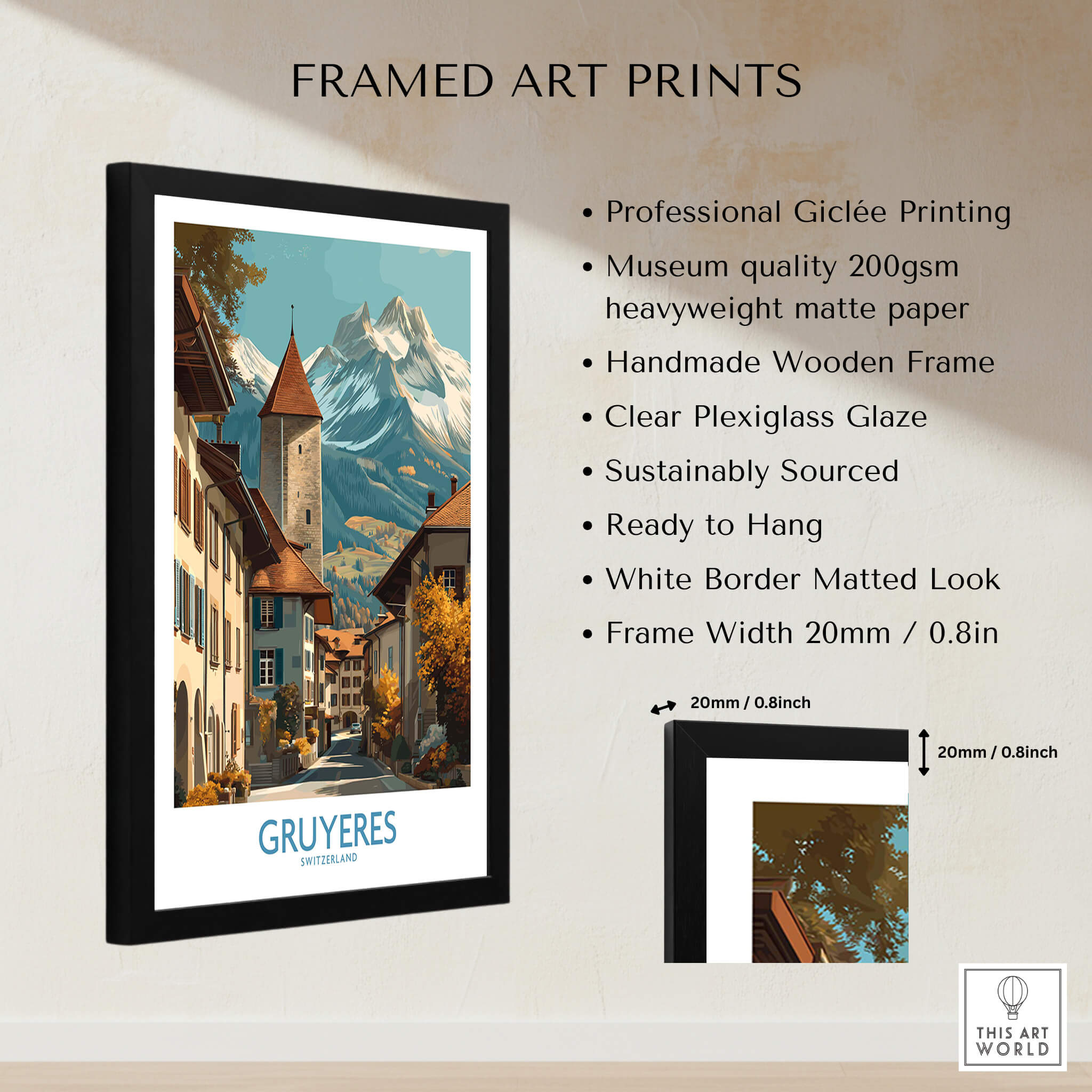 Gruyères Switzerland Poster | Scenic Alpine Village Canvas Print, framed art print showcasing a quaint village and mountains.