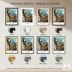 Gruyères Switzerland Poster | Scenic Alpine Village Canvas Print framed in various color options including black, white, and brown.
