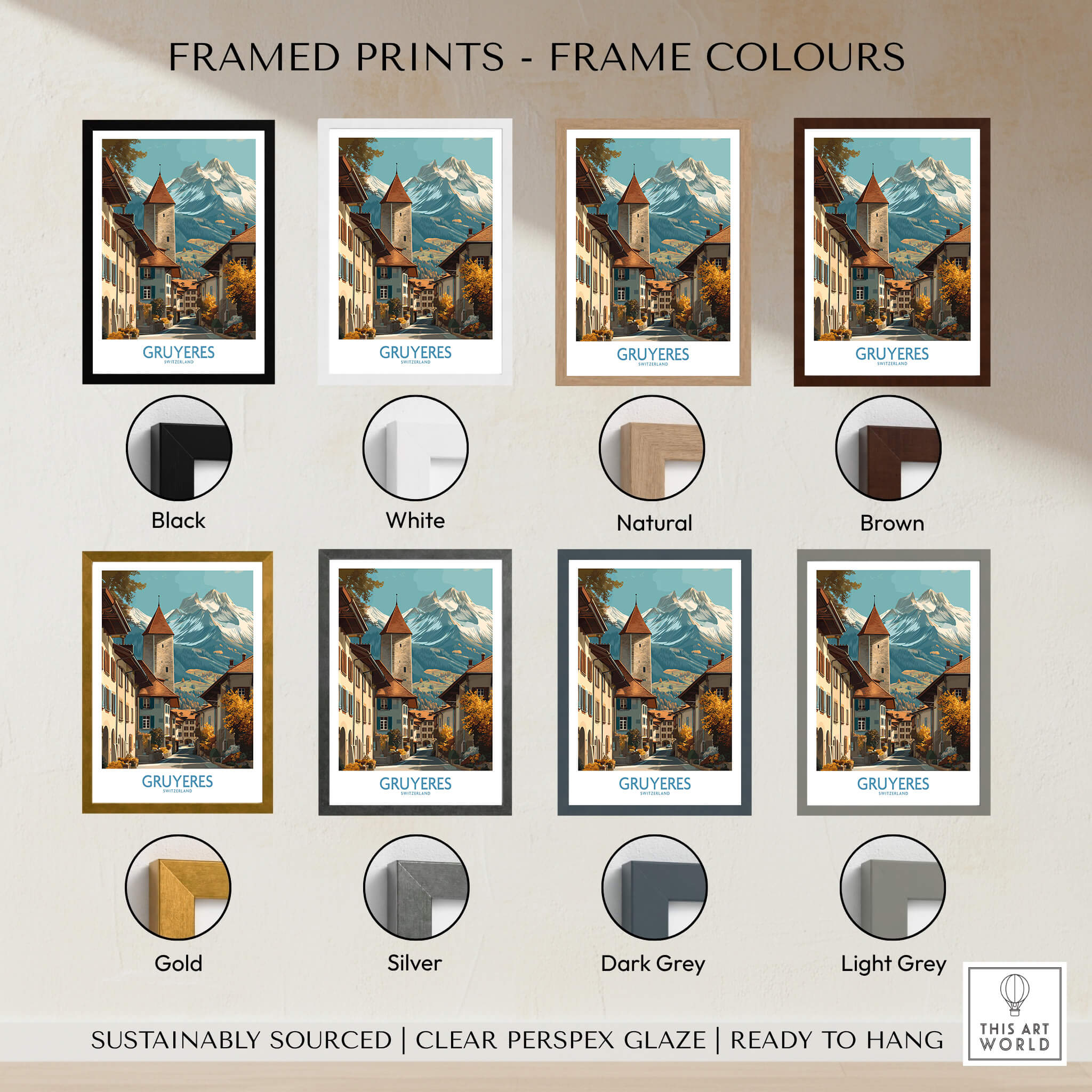 Gruyères Switzerland Poster | Scenic Alpine Village Canvas Print framed in various color options including black, white, and brown.