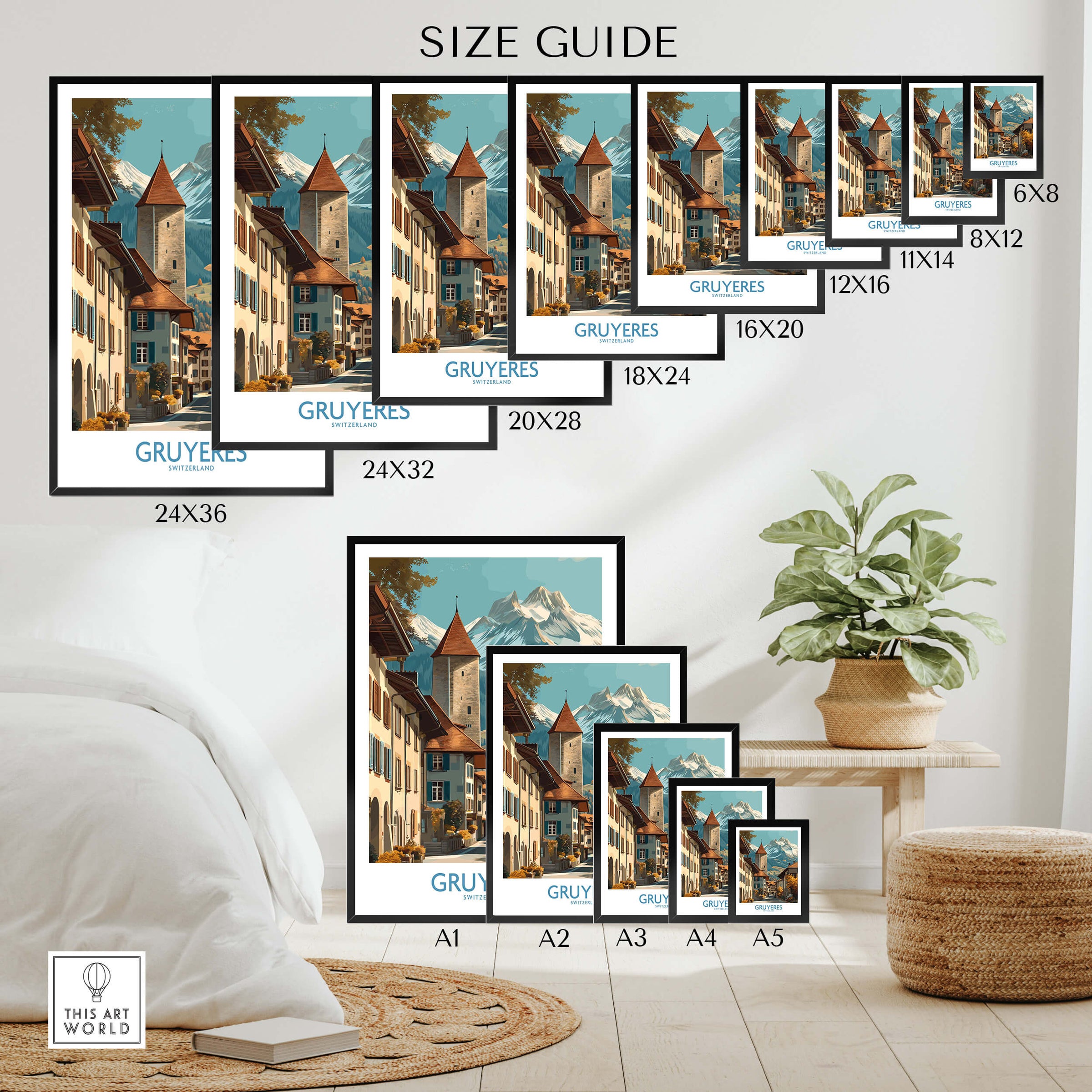 Gruyères Switzerland Poster | Scenic Alpine Village Canvas Print size guide showcasing various frame sizes on a stylish interior. 