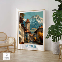 Gruyères Switzerland Poster | Scenic Alpine Village Canvas Print featuring charming architecture and mountains.