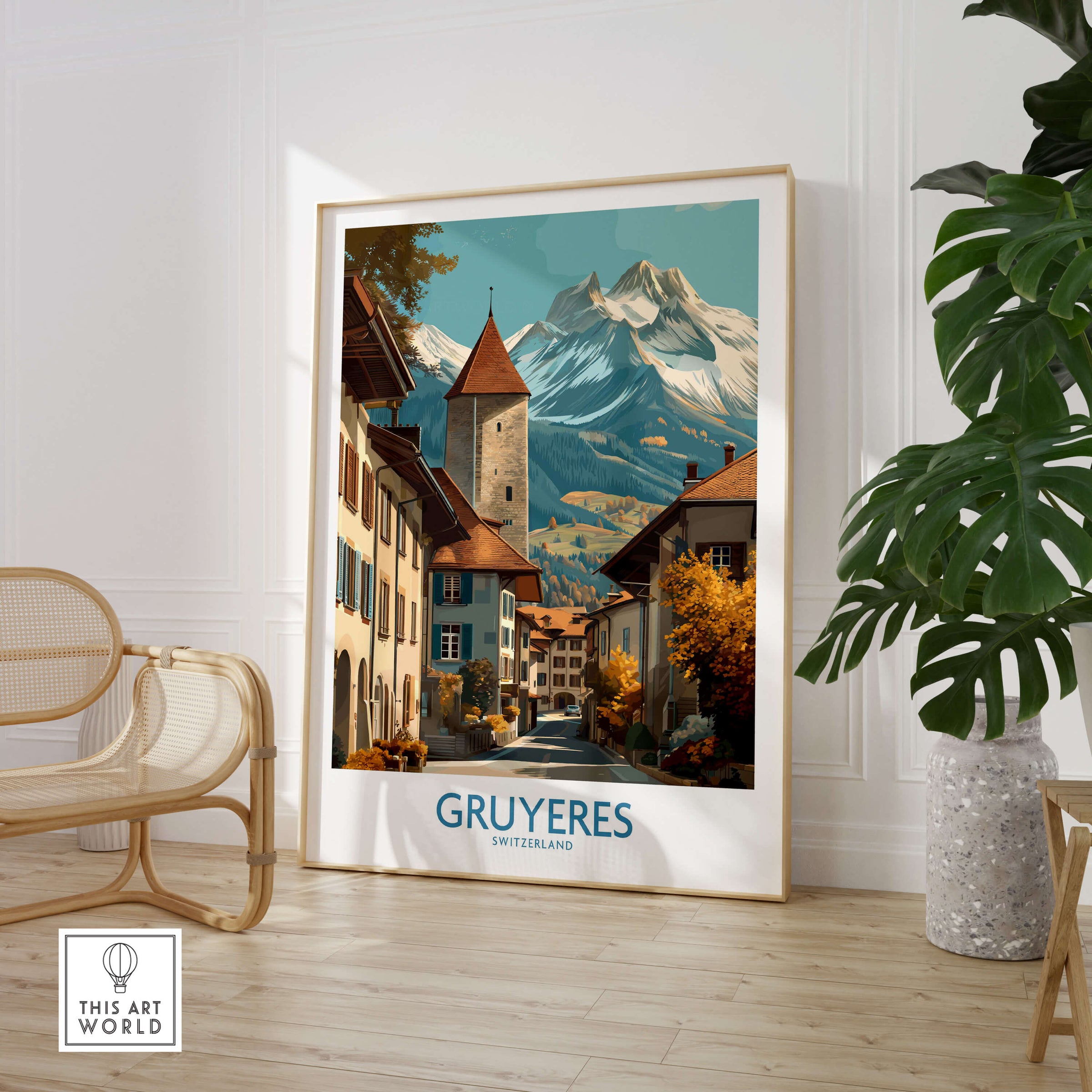 Gruyères Switzerland Poster | Scenic Alpine Village Canvas Print featuring charming architecture and mountains.