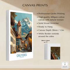 Gruyères Switzerland Poster | Scenic Alpine Village Canvas Print showcasing professional Giclée printing and natural texture.