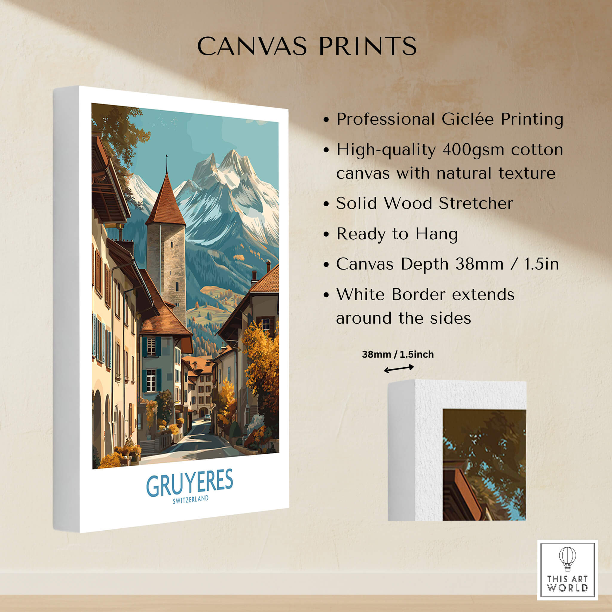 Gruyères Switzerland Poster | Scenic Alpine Village Canvas Print showcasing professional Giclée printing and natural texture.