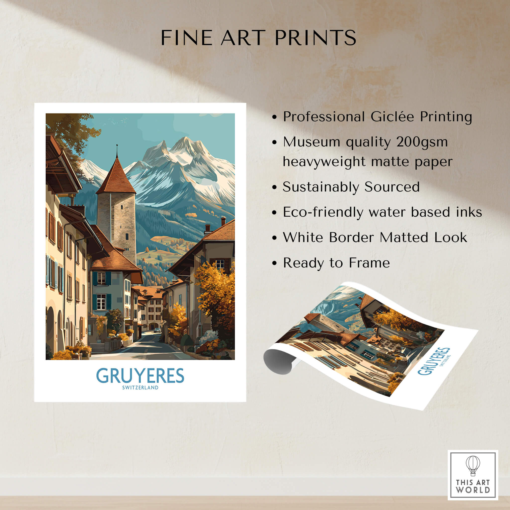 Gruyères Switzerland Poster | Scenic Alpine Village Canvas Print showcasing fine art details and professional Giclée printing.