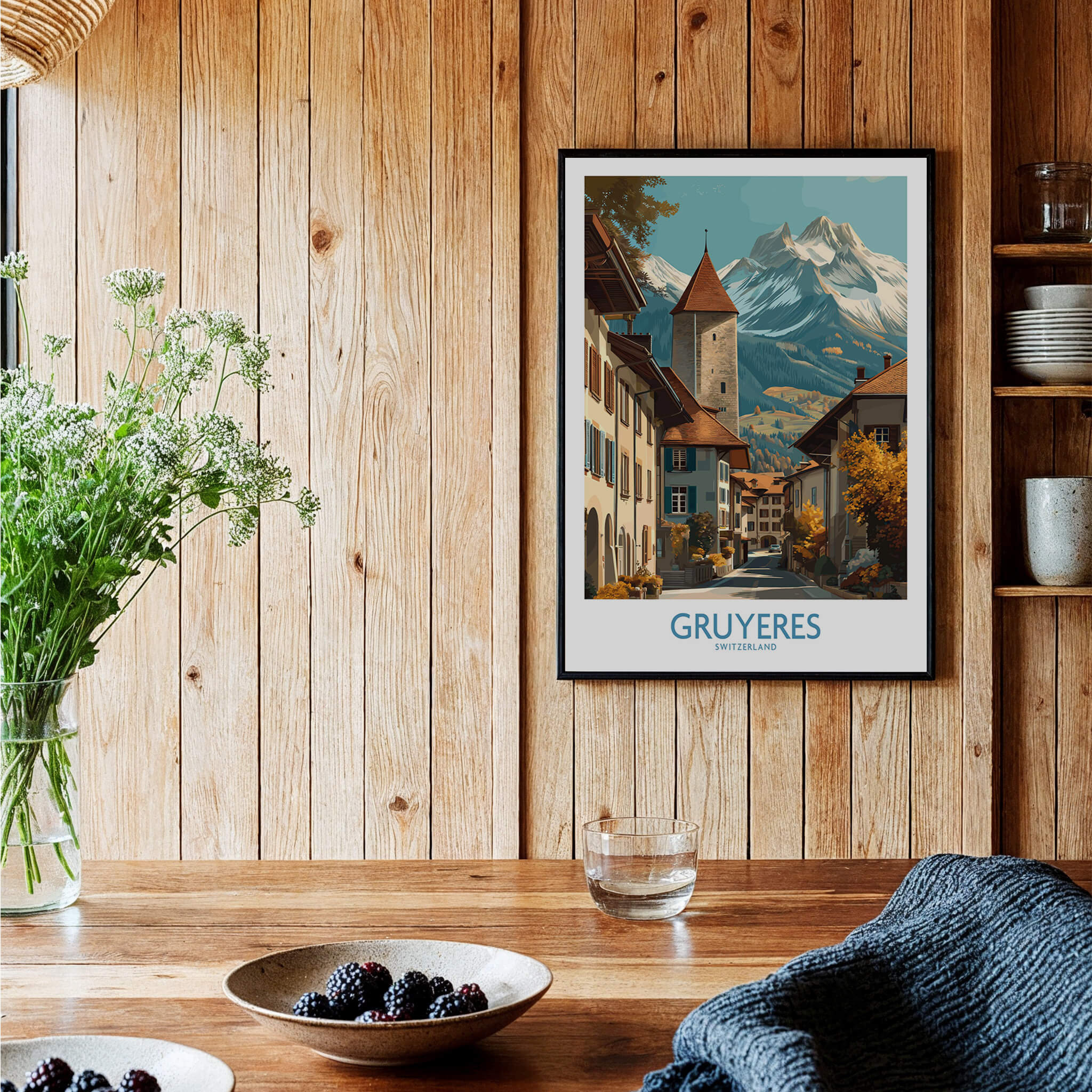 Gruyères Switzerland Poster | Scenic Alpine Village Canvas Print showcasing a picturesque mountain backdrop and charming village architecture.