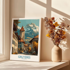 Gruyères Switzerland Poster | Scenic Alpine Village Canvas Print showcasing charming architecture and mountains.