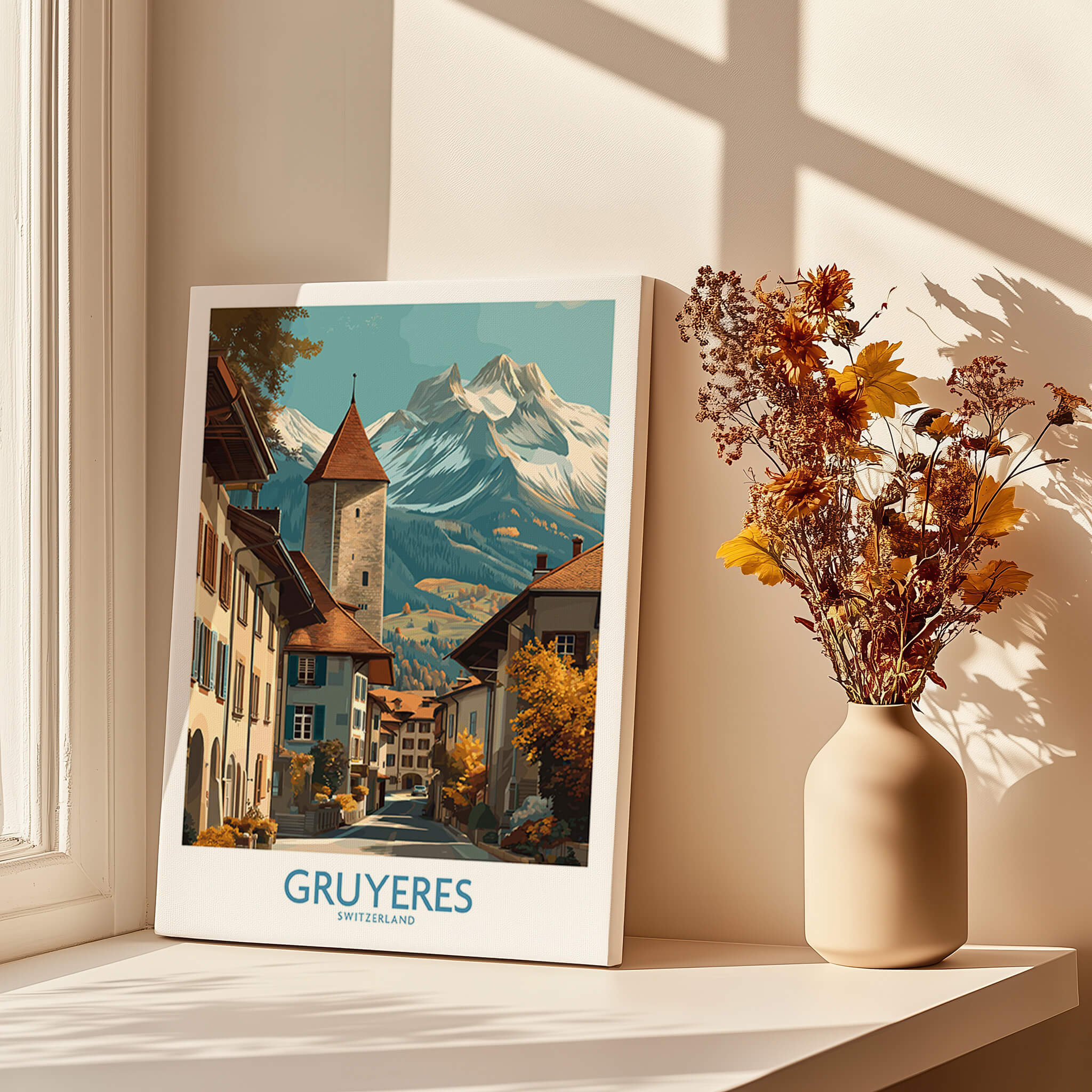 Gruyères Switzerland Poster | Scenic Alpine Village Canvas Print showcasing charming architecture and mountains.