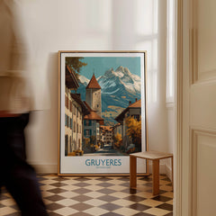 Gruyères Switzerland Poster | Scenic Alpine Village Canvas Print in a cozy hallway setting.