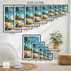 Guadeloupe travel poster size guide on wall showing various frame dimensions in a bright, tropical setting.