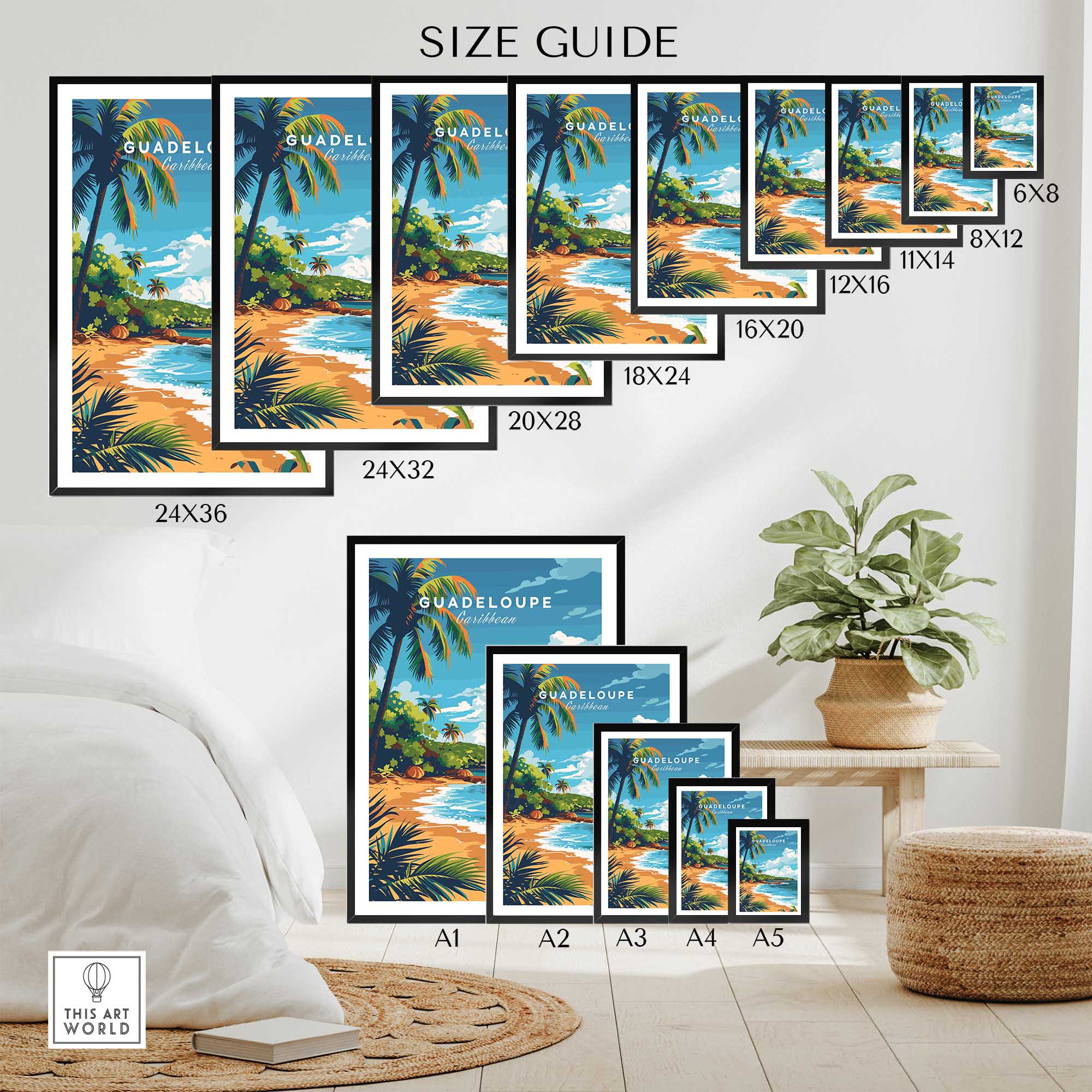 Guadeloupe travel poster size guide on wall showing various frame dimensions in a bright, tropical setting.