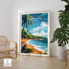 Guadeloupe travel poster print showcasing a tropical beach scene with palm trees and vibrant colors in a stylish interior setting.