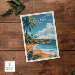 Guadeloupe travel poster print showcasing a tropical beach with palm trees and vibrant colors, perfect for home decor.