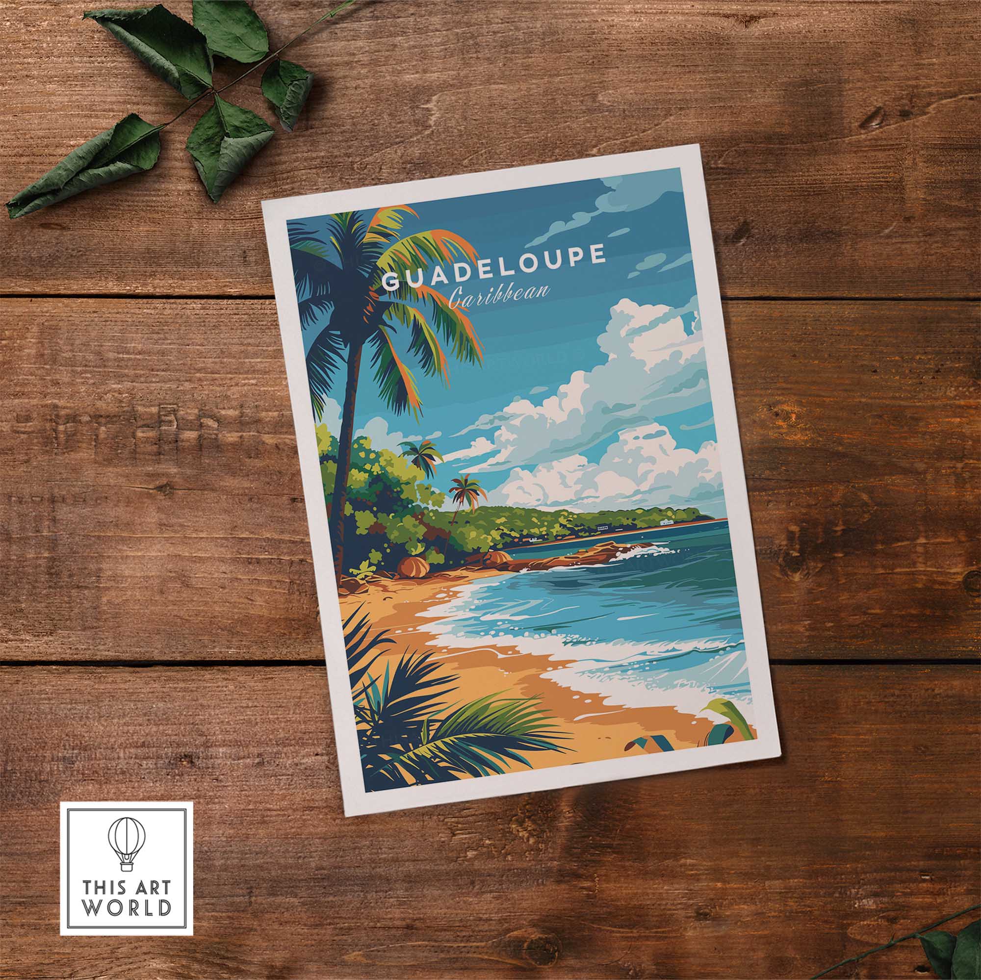 Guadeloupe travel poster print showcasing a tropical beach with palm trees and vibrant colors, perfect for home decor.