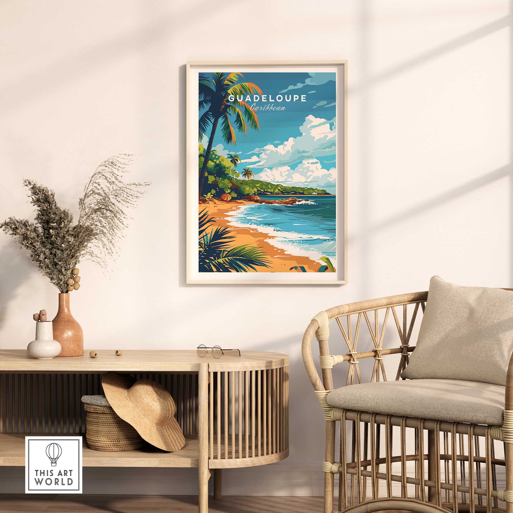 Guadeloupe travel poster print showcasing a beautiful beach scene with vibrant colors and tropical plants, perfect for home decor.