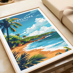 Guadeloupe Travel Poster Print featuring a tropical beach with palm trees and vibrant colors, perfect for home decor.