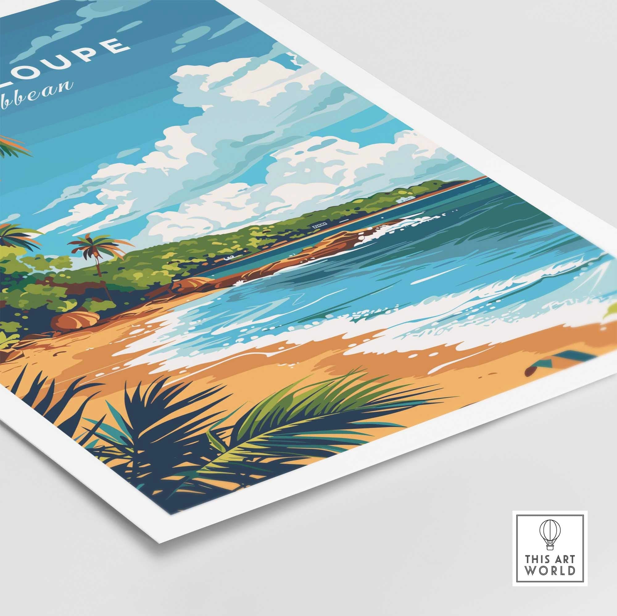 Guadeloupe travel poster print showcasing a vibrant beach scene with palm trees and blue skies, perfect for home decor.