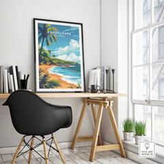 Guadeloupe travel poster print showcasing a vibrant beach scene, perfect for adding tropical decor to your home.