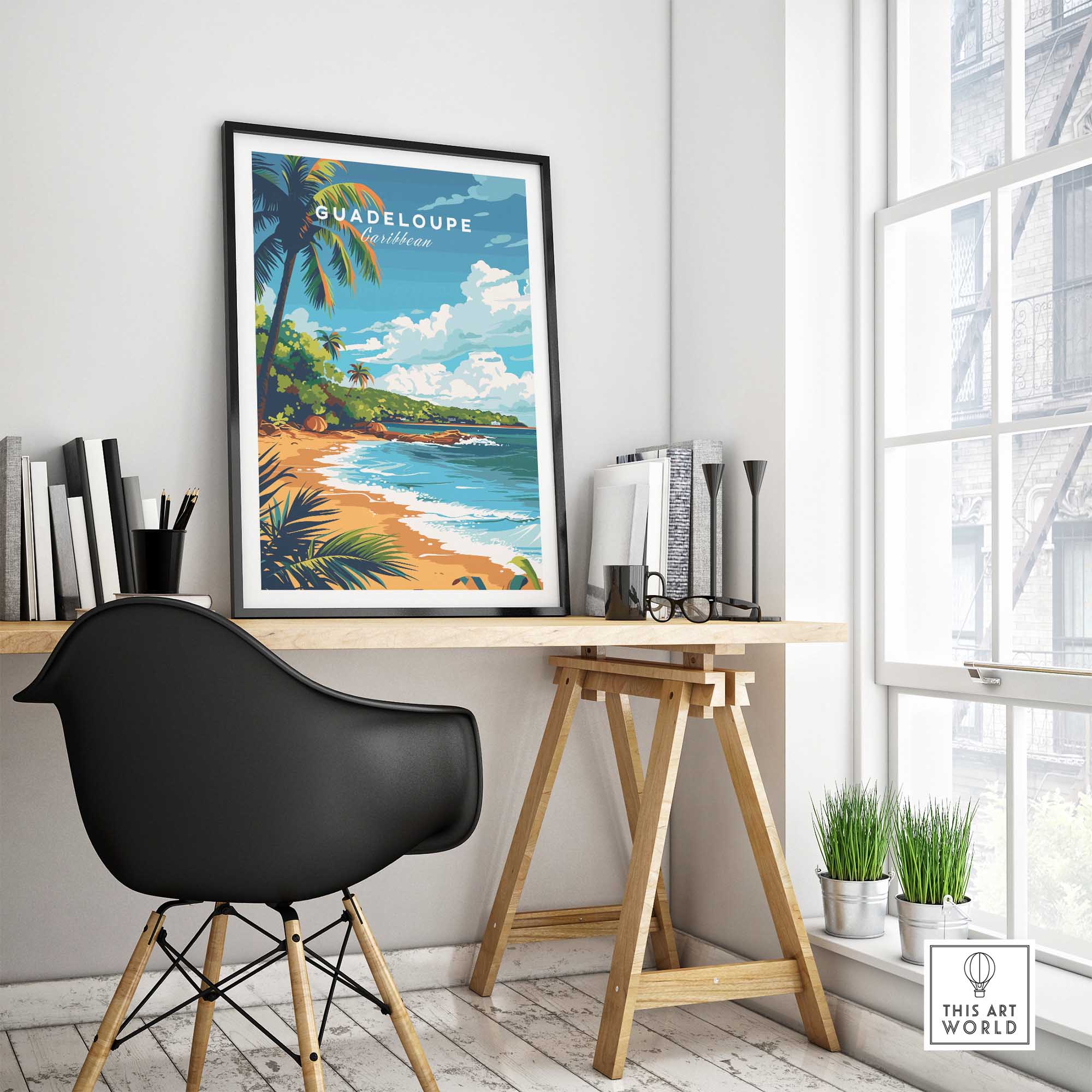 Guadeloupe travel poster print showcasing a vibrant beach scene, perfect for adding tropical decor to your home.