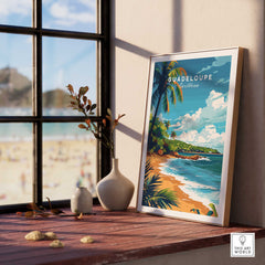 Guadeloupe travel poster print showcasing a tropical beach scene, vibrant colors, and a coastal view in stylish home decor.