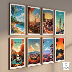 Collection of vibrant travel posters including Guadeloupe, Paris, Barcelona, London, Amsterdam, Florence, Tokyo.