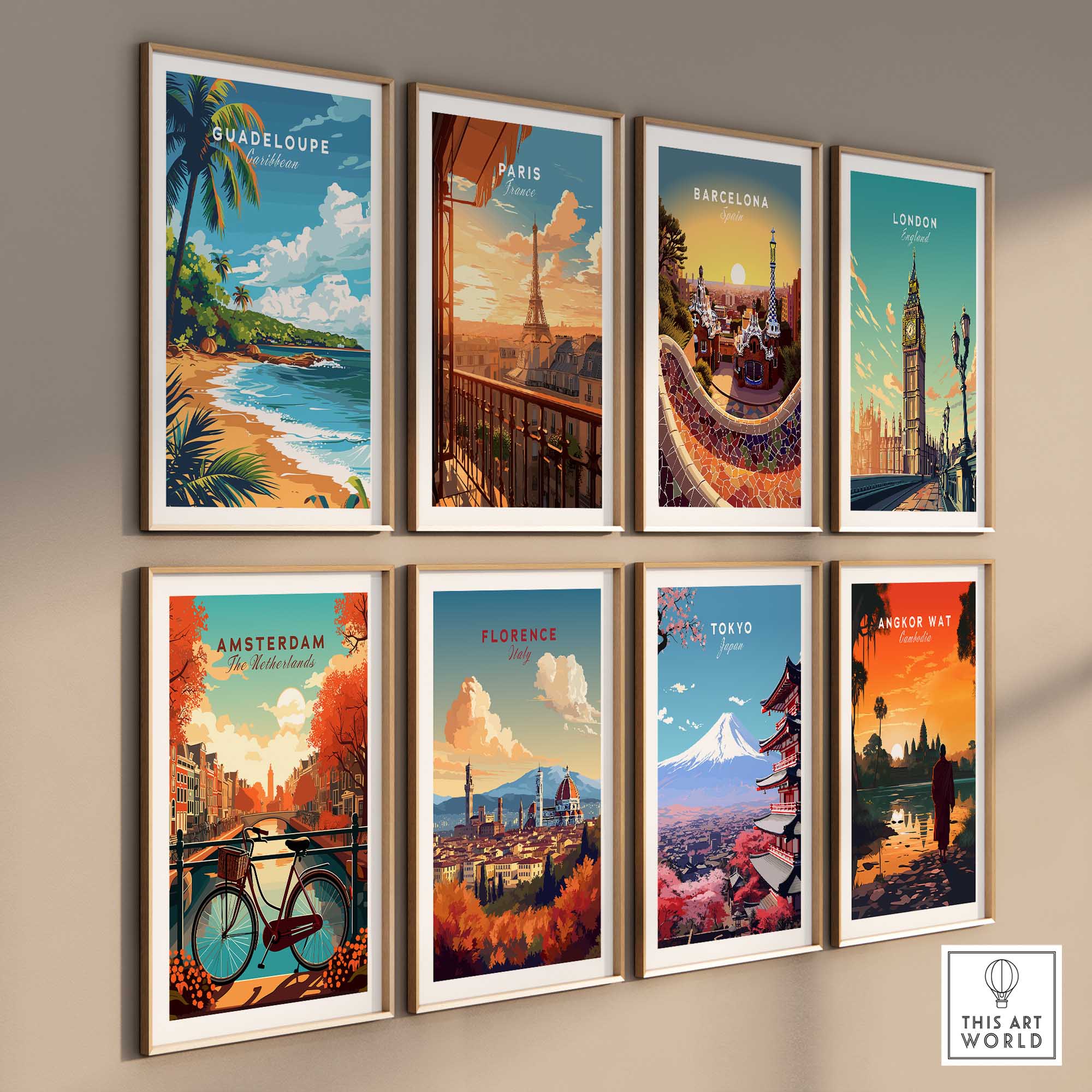 Collection of vibrant travel posters including Guadeloupe, Paris, Barcelona, London, Amsterdam, Florence, Tokyo.