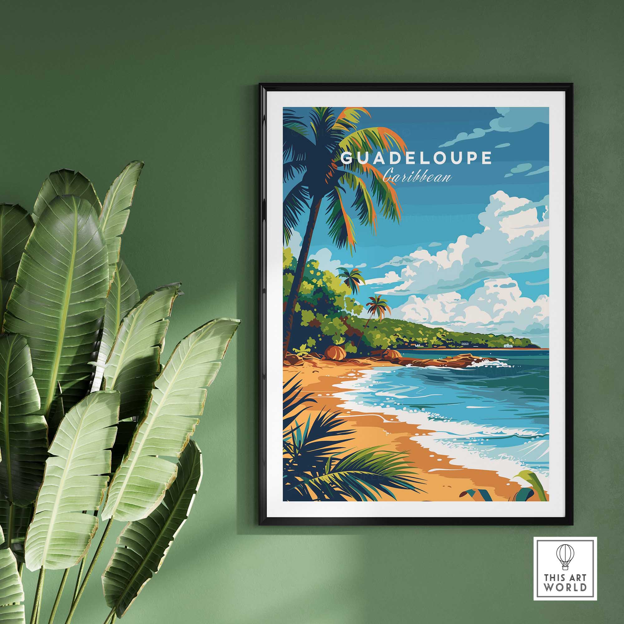 Guadeloupe travel poster print featuring a tropical beach scene with vibrant colors, ideal for home decor.