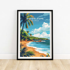 Guadeloupe travel poster print featuring vibrant beach scenery and tropical palm trees.